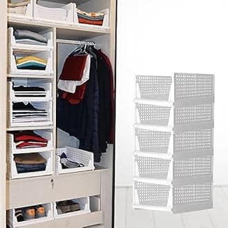 Pack of 6 Foldable Stackable Wardrobe Organizers for Clothes - Plastic Closet Storage Solution for Kitchen and Bathroom in White