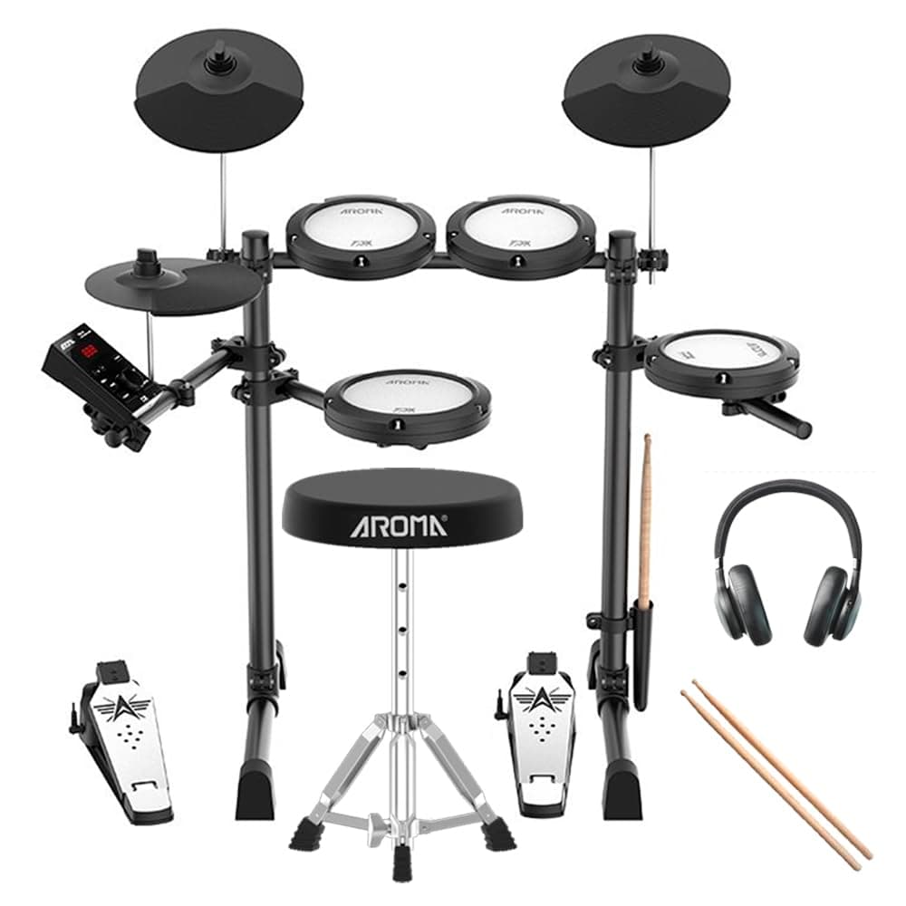AROMA TDX-18 Electronic Drum Set with 4 Quiet Mesh Drum Pads, 2 Switch Pedal, Portable and Solid Drum Set with, Bluetooth, Drum Throne, Headphones and Sticks