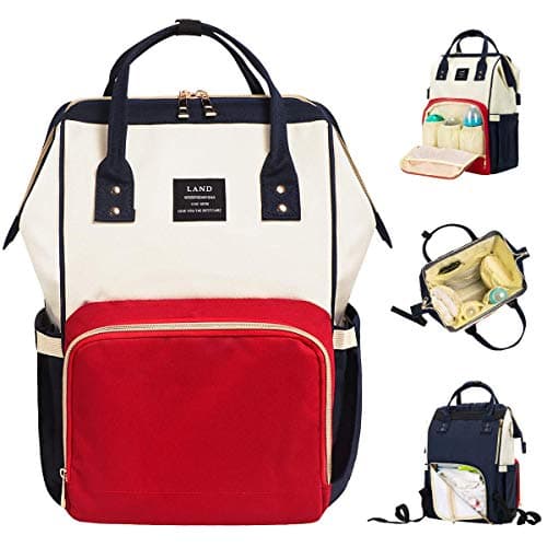Landuo Diaper Bag Multi-Function Waterproof Travel Backpack Nappy Bags for Baby Care, Large Capacity, Stylish and Durable (White-Red)