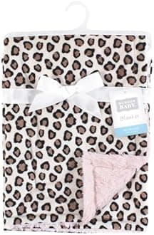 Hudson Baby Unisex Baby Plush Blanket with Furry Binding and Back, Leopard/Pink, One Size