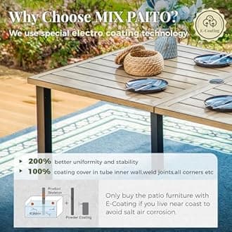 MIXPATIO Patio Table and Chairs Set, Outdoor Dining Set for 6 with Blue Chairs and Teak Color Tabletop Outdoor Dining Table, 7-Piece Patio Furniture Set for Deck Backyard Lawn