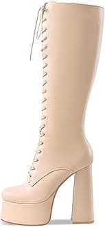 Women's High Chunky Heel Platform Knee High Boots Fashion Leather Lace Up Heeled Long Boots Wide Calf