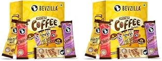 Bevzilla 24 Instant Coffee Powder Sachets (24 X2 Gram)| Turkish Hazelnut,Colombian Gold,French Vanilla & English Butterscotch | 6 Sachets Each Flavour| Makes 24 Cups| 100% Arabica Coffee| Strong