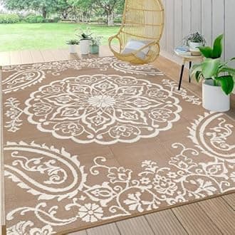 Pauwer Waterproof Outdoor Rug 6x9, Reversible Plastic Straw Patio Camping Rug, Indoor Outdoor RV Mat Carpet for Deck, Camper, Porch, Balcony, Backyard, Picnic, Boho Brown