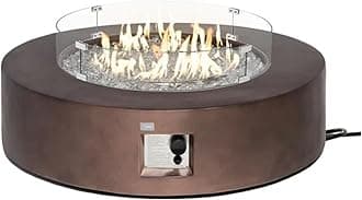 Outdoor Propane Fire Pit Coffee Table w Bronze 42 inch Round Base Patio Heater, Certified, 50,000 BTU Stainless Steel Burner, Wind Guard, Transparent Gray Fire Glass, Waterproof Cover