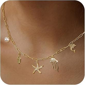 Moodear Gold Charm Necklace for Women Trendy Dainty Zircon Pendant Paperclip Chain Starfish Pearl Leaf Necklace Fashion Jewelry Gift for Women