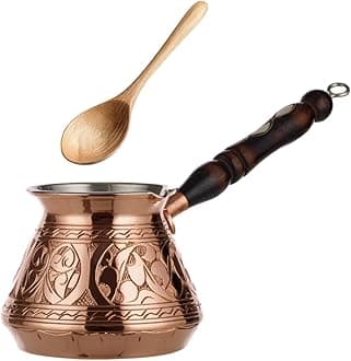 Thickest Copper Turkish Coffee Pot Cezve Ibrik Stovetop Coffee Maker Greek Coffee Briki with Wooden Handle & Spoon, Hand Engraved