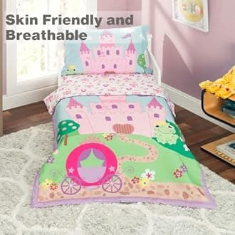 EVERYDAY KIDS 4 Piece Toddler Bedding Set -Princess Storyland- Includes Comforter, Flat Sheet, Fitted Sheet and Reversible Pillowcase