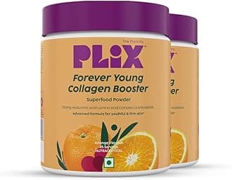 PLIX Collagen Supplement Powder to support Skin Elasticity, Firmness & Youthful Glow | 100% Plant-based with Hyaluronic Acid & Vitamin C | For Women & Men | Orange Flavour, Pack of 2