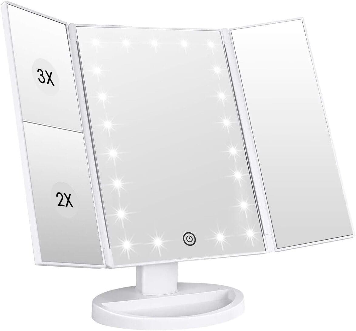 Makeup Vanity Mirror with 21 LED Lights and Touch Screen, Tri-Fold 1x 2X 3X Magnification,180° Adjustable Rotationand USB Powered,Countertop Cosmetic Makeup Mirror (White)