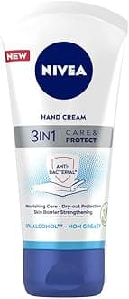 NIVEA 3 in 1 Care & Protect Anti-bacterial Hand Cream (75ml), Hand Cream for Dry and Tight Skin, Protective Mini Hand Cream, Hand Lotion with JoJoba Oil