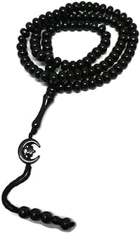 Islam Prayer Tasbih 99 Beads AMN-303 Muslim 8 mm. Rosary Bead Moon Star Decorated Tassels Haj Eid Ramadan Gift (Black)