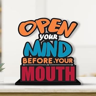 Artvibes Wooden Open Your Mind Before Your Mouth Quote Table Decor for Office Desk | Home Decor Item | Living Room | Bedroom | Modern Art Wood Showpieces Decorative Gift (SP_1136)