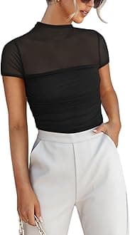 Women's Sexy Mock Turtle Neck Short Sleeve Shirts Sheer Mesh Ruched Trendy Going Out Bodysuits Tops