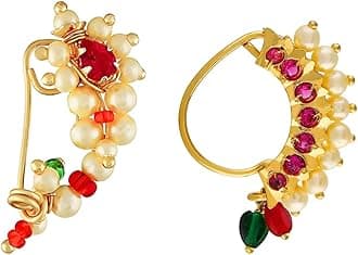 Vail Creations Small Size Traditional Maharashtrian Nose ring for women without piercing Pearl Gold Plated Nath Clip On Nose Ring For Girls (Pack of 2)