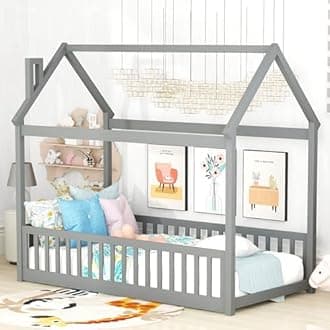 Bellemave Twin Size Kids House Bed,Floor Bed with Fence,Slats & Roof,Montessori Floor Bed for Girls,Boys,No Box Spring Needed(Grey)