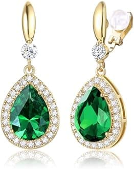 THUNARAZ Elegant Clip on Earrings for Women,Sparkling Teardrop Dangle Clip Earrings,Non-Pierced Rhinestone Cubic Zirconia Wedding Prom Jewelry 14K Gold and Silver Tone