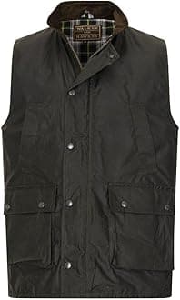 Walker and HawkesWax Winchester Gilet for Men – Water-Resistant Wax Cotton Bodywarmer with Corduroy Collar and Tartan Lining