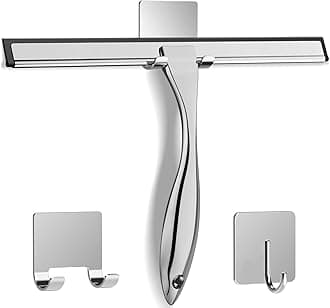 Docrok All-Purpose Stainless Steel Shower Squeegee for Glass Doors with 2 Adhesive Hooks, Streak Free Silicone Blade, Ergonomic Handle Squeegee for Shower Glass Door, Tile, Bathroom, 12 Inch, Silver