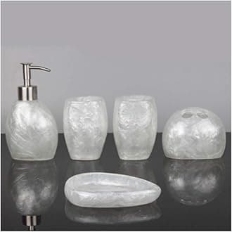 Modern Style Bathroom Accessories Set Resin Bath Ensemble Includes Toothbrush Holder, 2 Tumblers, Liquid Soap Dispenser, Soap Dish, Snowy Pearl White,Without Tray