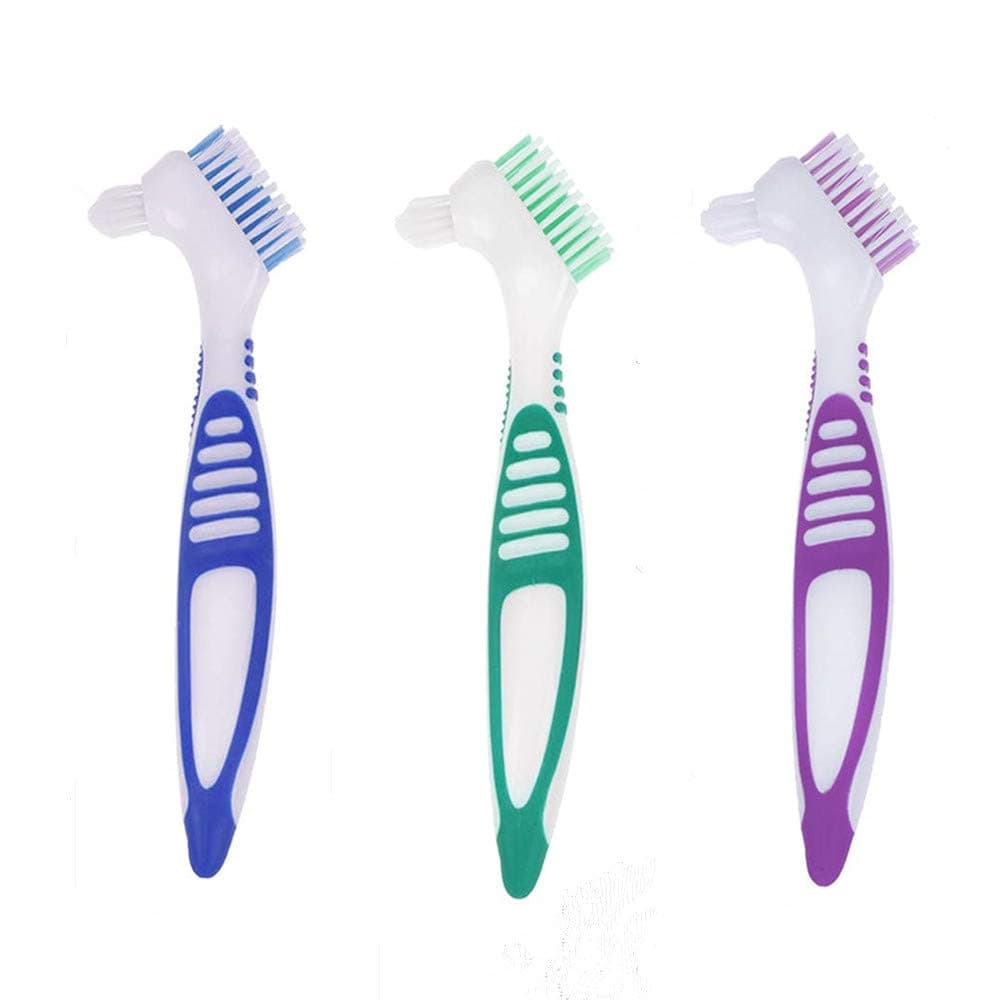 3 Pcs Denture Cleaning Brush Portable Cleaning Brush False Teeth Brushes for Denture Care Denture Cleaner with Multi-Layered Soft Bristles and Dual Angled