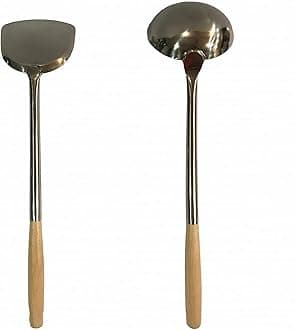 VG® Chinese Authentic Wok Accessories Set - 304 Grade Stainless Steel Ladle & Turner With Wooden Handles - Long Handle Kitchen Cooking Tool (33cm Ladle & 41cm Turner)