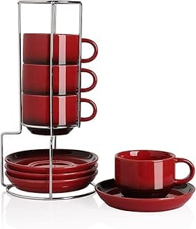 Sweejar Porcelain Espresso Cups with Saucers, 4 Ounce Stackable Cappuccino Cups with Metal Stand for Coffee Drinks, Latte, Tea - Set of 4 (Gradient Red)