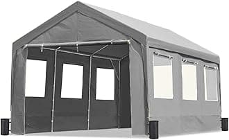 ADVANCE OUTDOOR 12x20 ft Car Canopy Garage Heavy Duty Carport Boat Shelter Party Tent, Adjustable Peak Height from 9.5ft to 11ft, with Removable Window Sidewalls and Doors, White