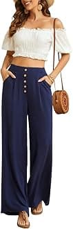 SVALIYWomen Flowy Pants Cotton Linen Wide Leg Palazzo Pants Long Lounge Slacks High Waist Button Trousers Pocket