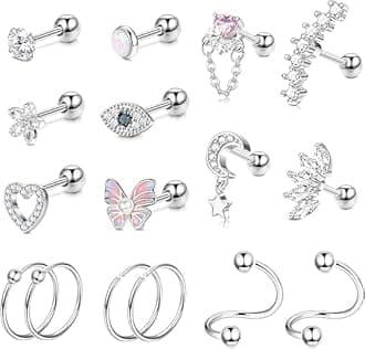 FUNRUN JEWELRY16 G Cartilage Earrings Stud for Women Men Stainless Steel Stud Earrings Hypollergenic CZ Butterfly Heart Helix Tragus Piercing Jewelry