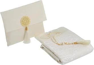 Prien Muslim Prayer Rug with Tasbih and Portable Bag, Muslim Gift for Women Men, Mubarak Islamic Box, Soft Mat Islam Gifts Set, Turkish Sajadah for Ramadan, Eid, Hajj, Travel, Pray (Cream)