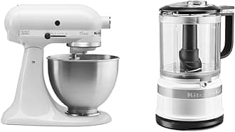 KitchenAid Classic Series 4.5 Quart Tilt-Head Stand Mixer K45SS, White & 5 Cup Food Chopper - KFC0516, White