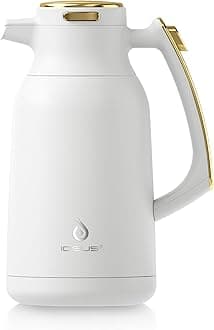 IDEUS Thermal Coffee Carafe 68oz (2,000ml), Stainless Steel Double Wall Insulated Vacuum Flask, Water Jug Coffee Server and Beverage Dispenser, Heat and Cold Retention (White-Gold, 68oz (2,000ml))