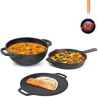The Indus Valley Pre-Seasoned Cast Iron Cookware Set + Free Iron Tadka Pan | Tawa(30.2cm)+ Kadai(25.4cm/2.3L)+ Fry pan(23cm/1.4L) | Kitchen Cooking Combo Pots and Pans Set of 4Pcs | Naturally Nonstick