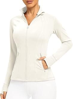 QUEENIEKEWomen's Slim Fit Running Jackets - Long Sleeves Athletic Workout Gym Tops with Back Mesh Vent & Thumb Holes