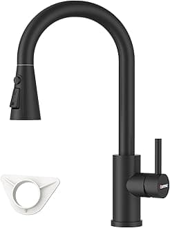 DAYONE Matte Black Kitchen Mixer Tap with Pull Out Spray, Swan Neck SUS304 Stainless Steel Single Lever Sink Taps Mixer, 360° Swivel High Arc Black Tap with 3 Spray Modes, UK 1/2'' Kitchen Faucet