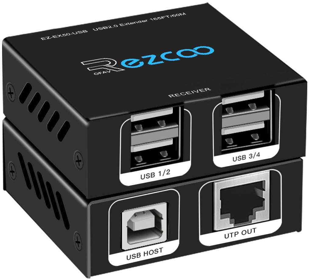 USB 2.0 Extender 165ft 50m with 4-Port USB HUB by Ethernet Cat5e Cat6 - USB RJ45 LAN Extension, 5V Low-Power Consumption,Two Webcams Work Sync, Support Windows,MacOS,Android,Linux, No Driver,EX60USB