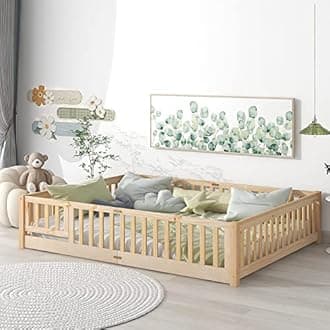 Tatub Queen Floor Bed with Safety Guardrails and Slats, Toddler Floor Bed Frame Queen Size for Girls and Boys, Wood Montessori Floor Bed for Kids, Queen-Nature