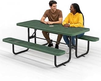 Commercial Heavy-Duty Metal Picnic Table - ADA Compliant, Adjustable Seats, Umbrella Hole, Expanded Metal (Green, 6' Rectangular)