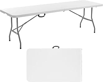 VEVOR Folding Table, 8 Ft Heavy Duty Portable Fold-in-Half Utility Table, Indoor Outdoor Plastic Rectangle Table with Built in Handle, for Party, Dining, Wedding, Events, Picnic, Camping, White
