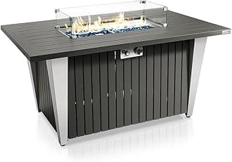 Outdoor Propane Fire Pit Table - CSA/ETL Certified 50,000 BTU Pulse Ignition Weatherproof Rectangle Propane Gas Fire Table w/Adjustable Flame - Glass Rocks Wind Guard, Black SLFPSX55
