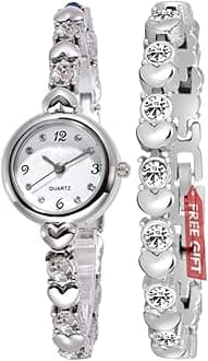 Premium Girl's Special Quality Different Heart Shape Bangle Analog Watch with Rose Gold Bracelet - Pack of 2, Silver/D-White-2, Classic