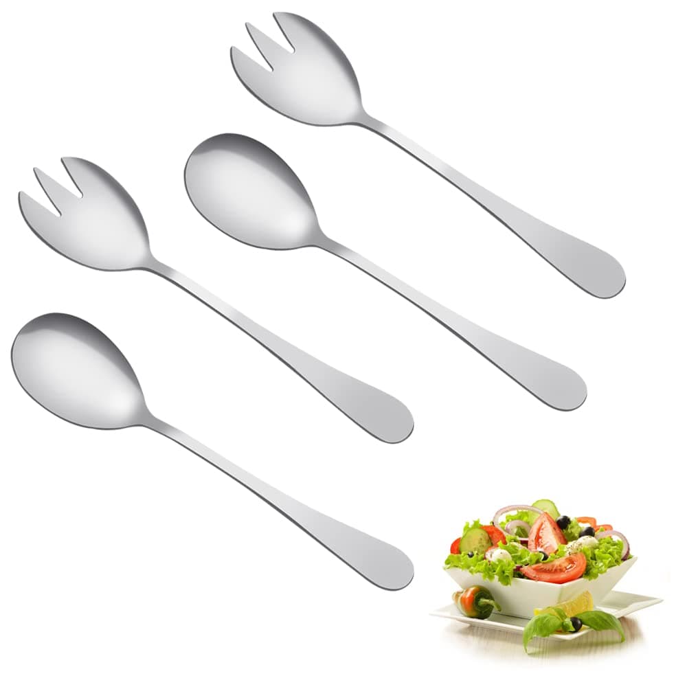 WENRERO 4 PCS Salad Spoon Fork Serving Set 20cm/7.8inch Stainless Steel Salad Servers Large Mixing Dinner Fork and Spoon Heavy Duty Salad Cutlery Set for Fruit Picnic Cake, Mirror Polished, Silver