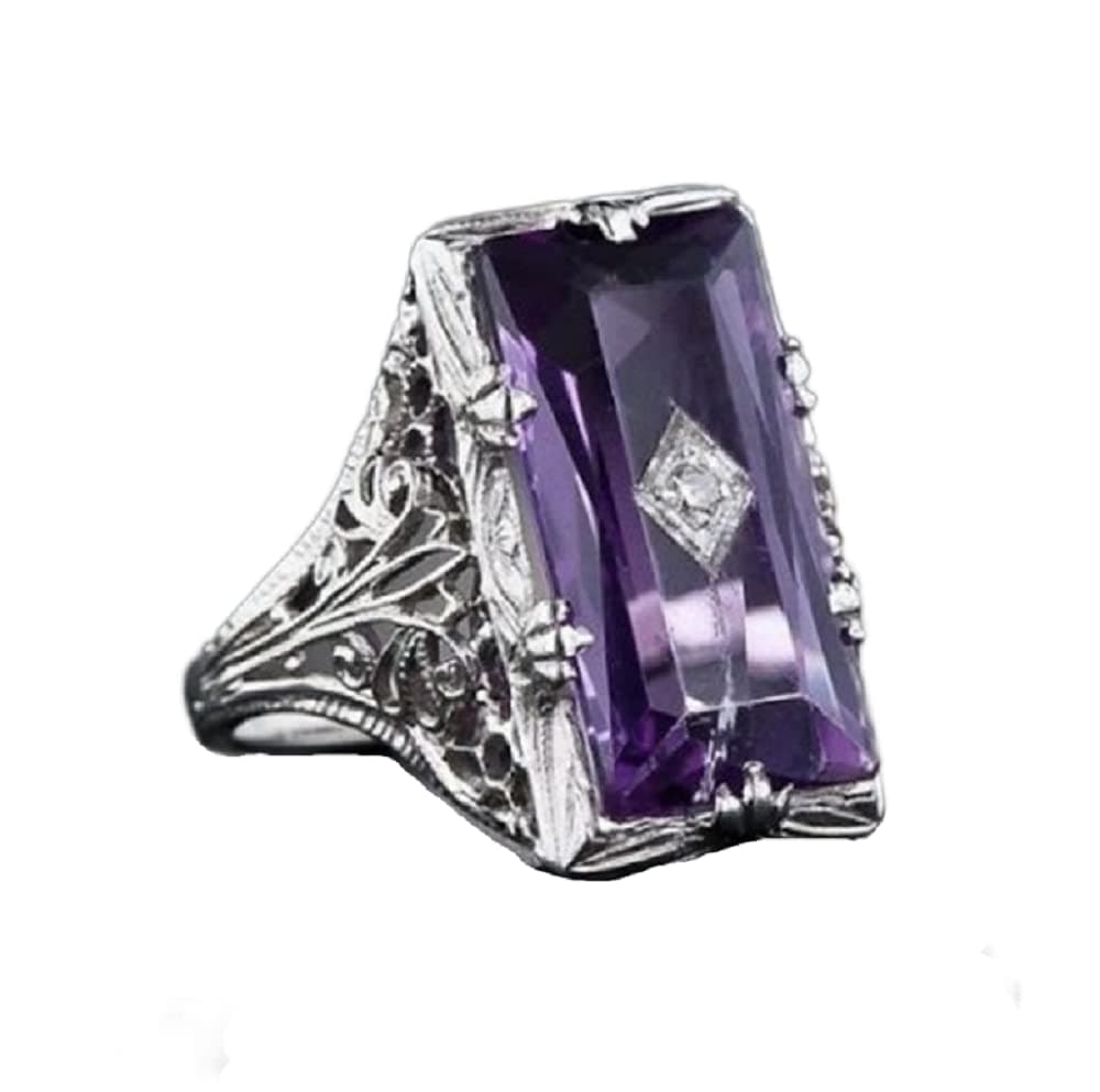 925 sterling silver large amethyst ring square cut gemstone ring wedding ring female jewelry size 6-10 (US code 9)