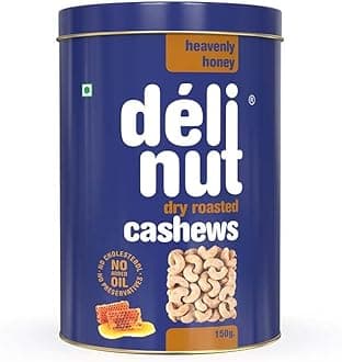 Delinut Heavenly Honey Dry Roasted Cashews/Kaju 150g | Sweet & Crunchy WW240 Whole Cashew Nuts | Honey Flavour | FOST Flavour Lock Technology | Nitrogen Flushed | No Added Oil, Colors or Preservatives.