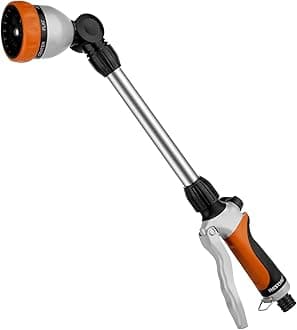 RESTMO 48cm Watering Lance, Long Metal Spray Lance | 180° Adjustable Ratcheting Head | 7 Spray Patterns Extension Hose Wand, Perfect Garden Sprayer Gun to Water Hanging Baskets, Shrubs, Orange