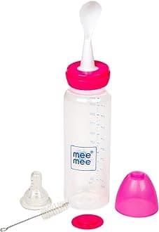 Mee Mee 250ml 2 in 1 Baby Feeding Bottle with Spoon (Pink)
