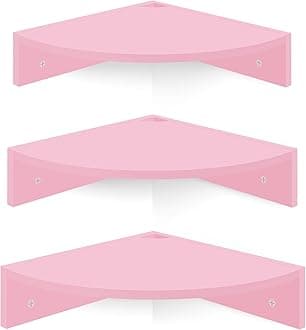 Homode Corner Shelf Wall Mount, Set of 3 Corner Floating Shelves with Cable Hole, 3 Tier Wood Corner Hanging Shelves, Living Room Bedroom Bathroom, Pink