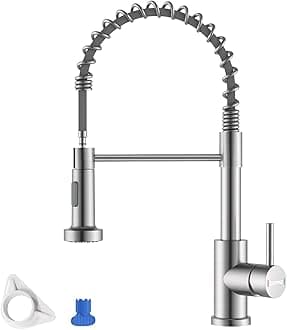DAYONE Kitchen Faucets with 2-Mode Sprayer Brushed Nickel, Stainless Steel Commercial Spring Kitchen Tap Single Handle Sink Mixer, DAY-8101BN