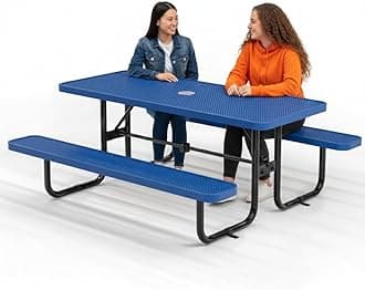 Commercial Heavy-Duty Metal Picnic Table - ADA Compliant, Adjustable Seats, Umbrella Hole (Blue, 6' Rectangular, Punched Steel)